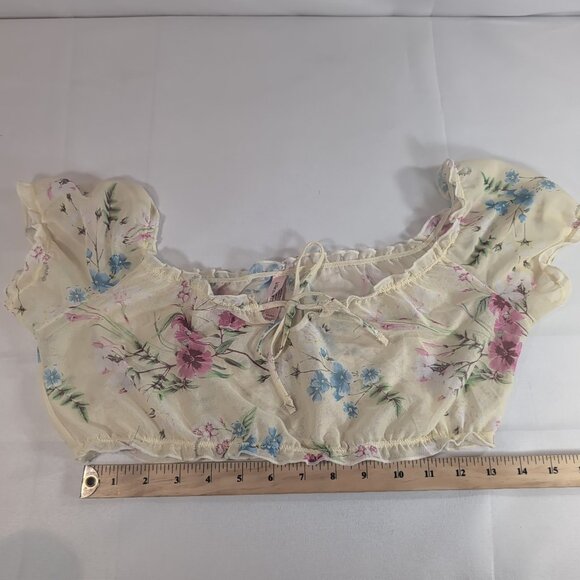 La Vie En Rose Sheer Yellow Floral Short Sleeve Poof Shirt Top M Medium Mesh - Picture 7 of 10